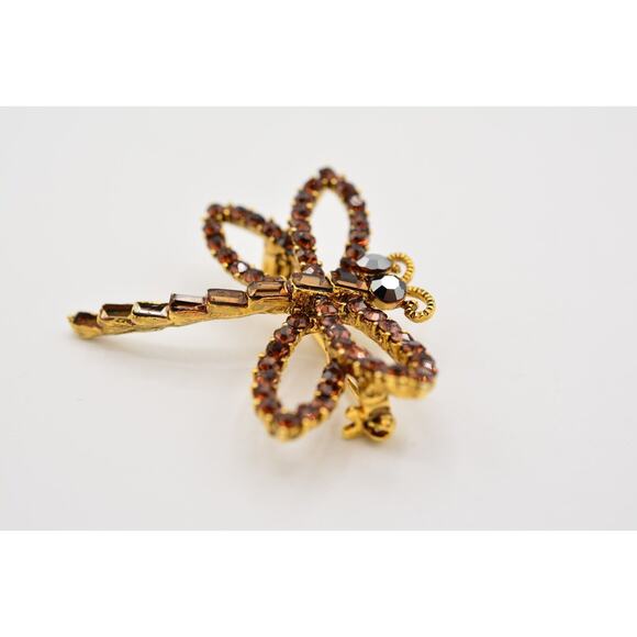 WM Vintage Dragonfly Crystal Pin Brooch Brown Rhinestone Gold Signed AS IS BinAJ - Picture 6 of 12